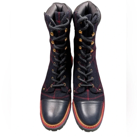 Tory Burch Womens Boots Miller 60MM Checked Wool Calf Leather Navy Size 8 - Picture 5 of 13